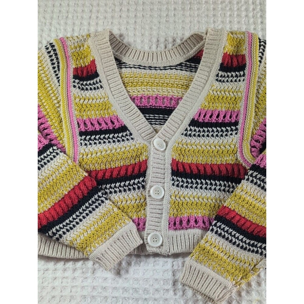 ba&sh Multicolor Striped V-Neck Cropped Cardigan - Pink, Yellow, Black, Cream M